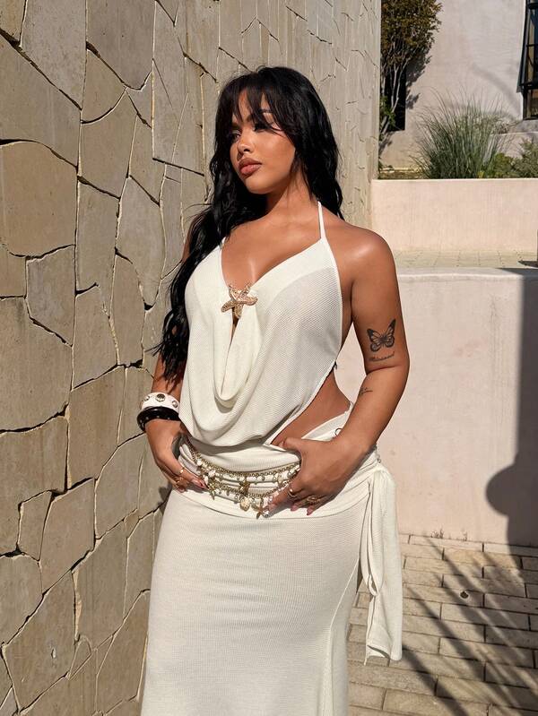 Rustia 杏色露背系带吊带无袖紧身连衣裙，性感大码派对礼服，饰有海星图案，华夫格面料，适合夏季海滩穿着