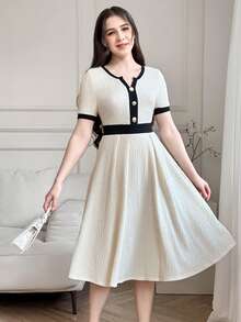 SHEIN Abito elegante per ragazze adolescenti, in maglia color albicocca, con texture jacquard, dettagli a contrasto in vita, bottoni metallici e linea ad A - Albicocca - Visualizzare 3