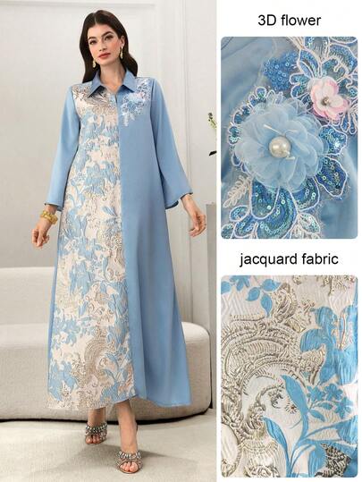Yasmyna 女士提花3D立体花卉装饰翻领休闲宽松阿拉伯风格长袖连衣裙