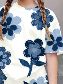 Bộ 2 món đồ mặc nhà phong cách retro in hoa dành cho bé gái tuổi teen, gồm áo thun ngắn tay và quần short, thích hợp cho mùa hè. - Nhiều màu - Xem 4