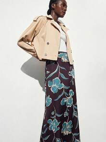 SHEIN Maija Women's Elegant Brown Maxi Skirt With Smooth Plants Pattern Woven Fabric Semi-Sheer Straight Fit - Brown - View 6
