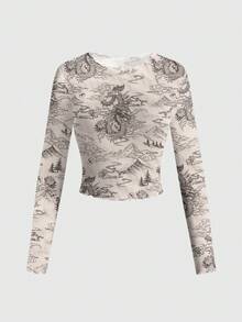 ROMWE Avant 音乐节春夏龙山水画云书法性感透视网纱长袖女式上衣 - 黑色 - 查看 1