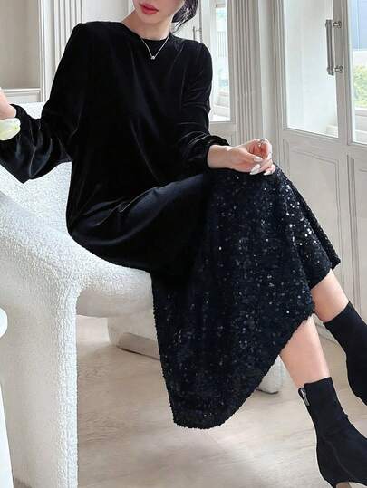 DAZY 女士纯色圆领灯笼袖亮片荷叶边下摆优雅连衣裙