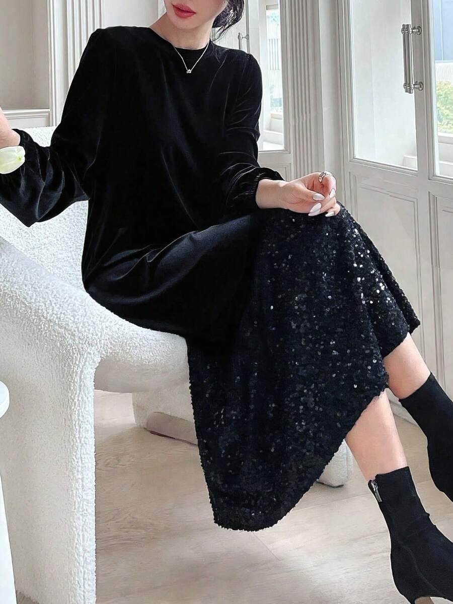DAZY Women's Solid Color Round Neck Lantern Sleeve Sequin Ruffle Hem Elegant Dress - Black - View 1