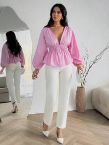 EURMUSE Pink Deep V-Neck Drawstring Blouse With Balloon Sleeves - Pink - View 6