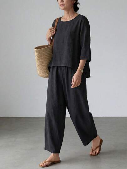 EMERY ROSE Women's Solid Color Round Neck 3/4 Sleeve High-Low Hem Shirt And Pants Casual 2 Pieces Set Office Casual Black Summer Two Piece Set For Women Two Piece Outfits For Women Two Piece For Ladies Summer Outfits For Women Going Out Outfits Vacation Outfits Women Summer Holiday Outfits Casual Sets For Women Office Outfits For Women Cotton Women's Clothing