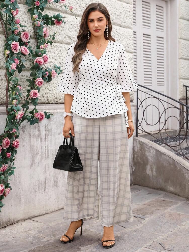 Plus Size Women Polka Dot Print Overlap V-Neck Side Tie Short Sleeve Blouse For Summer/ Vacation, Polkadot Blouse Tie Waist Top Elegant Blouses For Women Polkadot Top Wraparound Blouse Wrap Tops For Women Peplum Tops Business Casual Woman Top, Summer Tops