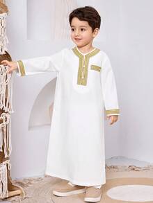 SHEIN 2pcs Young Boy Middle Eastern Casual Solid Color Gold Ribbon Vest Mandarin Collar Half-Open Abaya Set, Suitable For Autumn, Spring, Summer, Suitable For Outdoor Play, School, Street Photography, Parties, Holiday Gatherings, Ramadan Jalabiya, Ramadan - White - View 6