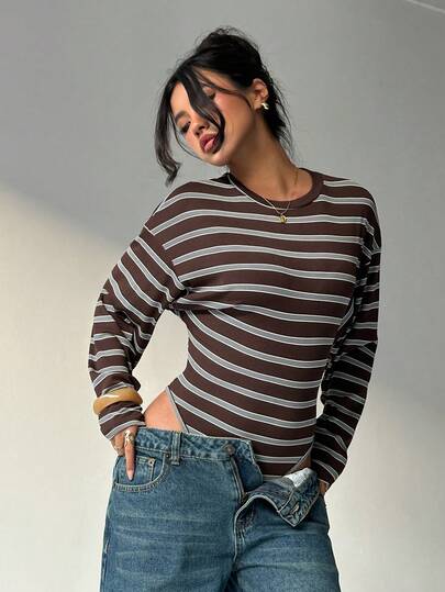 Aloruh Young Lady Casual Everyday Striped Bodysuit With Tight Flare Sleeves