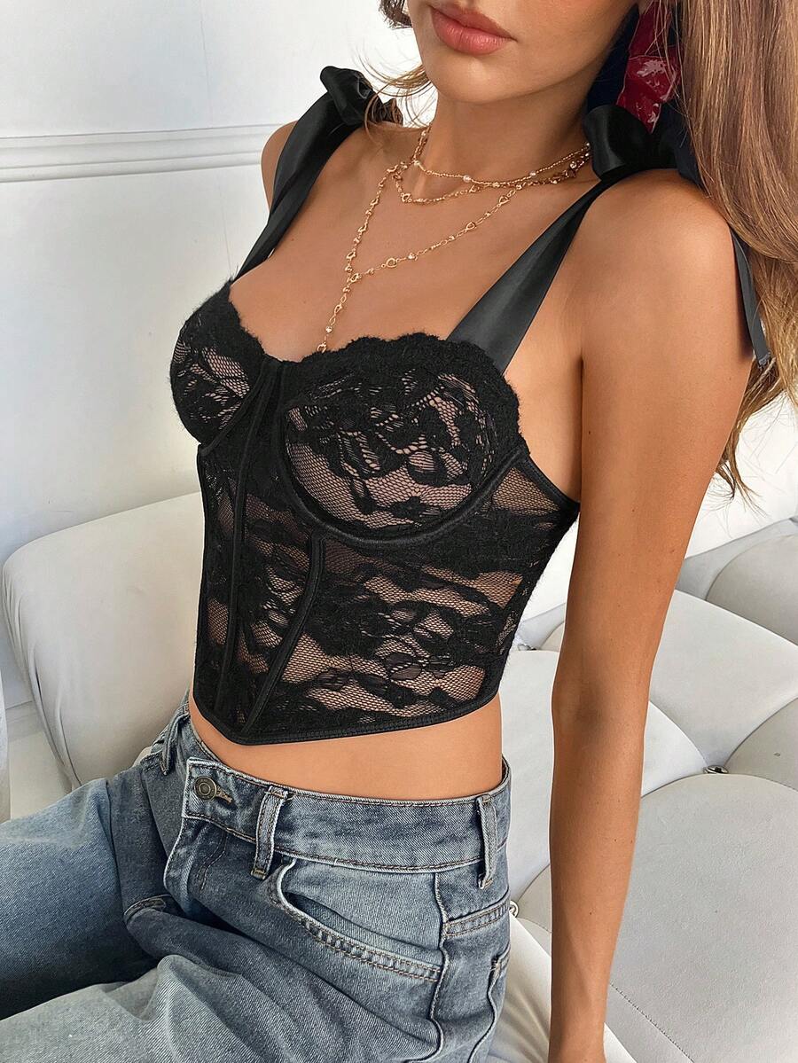 Aloruh 女士黑色蕾丝性感吊带背心 - 黑色 - 查看 1