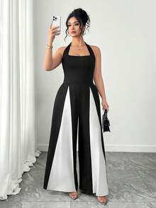 SHEIN Tall CURVE Bộ jumpsuit nữ cỡ lớn phối đen trắng, kiểu dáng thường ngày đơn giản, thời trang giúp thon gọn vóc dáng, thoải mái khi mặc đi làm, phong cách trẻ trung năng động thành thị. - Đen và trắng - Xem 1