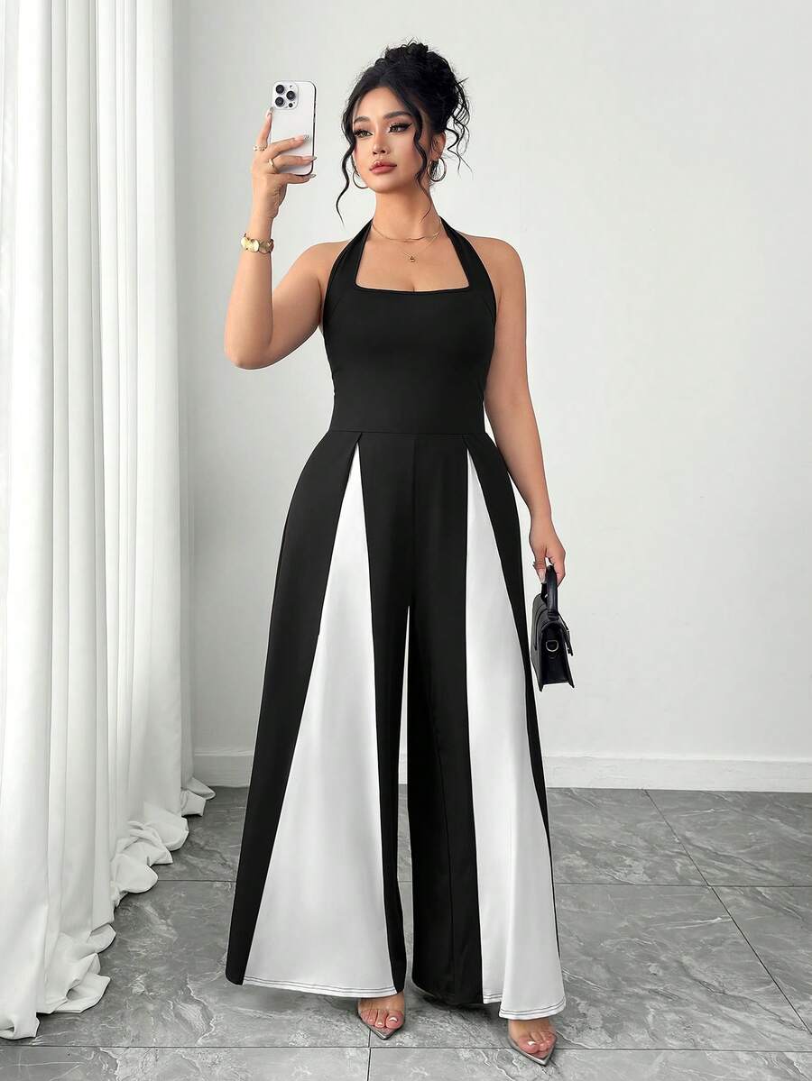 SHEIN Tall CURVE Bộ jumpsuit nữ cỡ lớn phối đen trắng, kiểu dáng thường ngày đơn giản, thời trang giúp thon gọn vóc dáng, thoải mái khi mặc đi làm, phong cách trẻ trung năng động thành thị. - Đen và trắng - Xem 1
