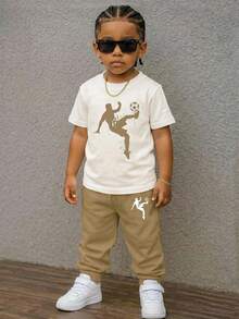 2件套男童休闲可爱卡通字母和足球剪影印花圆领短袖上衣和裤子，秋季新品 - 彩色 - 查看 6