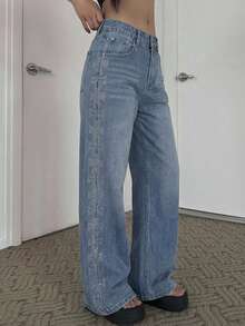 DAZY Women's Rhinestone Bow Pocket Wide Leg Loose Casual Jeans Y2k - Blue - View 4