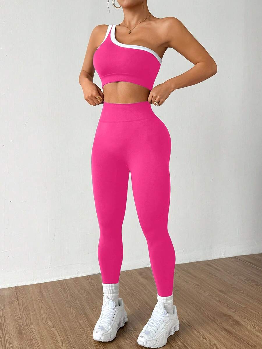 Dewbera Bộ đồ thể thao nữ áo ba lỗ tập yoga một vai liền mạch và nâng mông co giãn cao - Màu Hồng Tươi - Xem 1