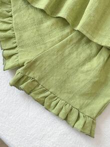 Cozy Pixies Babygirl Summer Casual Vacation Green Textured Ruffle Bow Camisole And Elastic Waist Shorts Set - Green - View 5