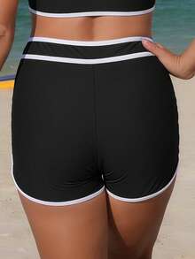 SHEIN Swim Women's High Waist Black & White Patchwork Sports Swim Shorts, Suitable For Beach, Travel, Party, Versatile, Spring/Summer - Black and White - View 2