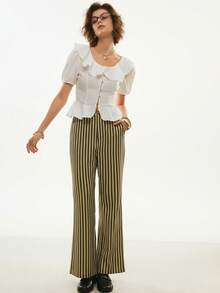 Poéselle 女士条纹休闲百搭通勤办公阔腿裤 - 卡其色 - 查看 6