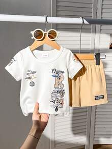 SHEIN Playful Pals 2件套婴幼儿男女通用休闲字母印花上衣和松紧腰工装裤套装，适合0-3岁宝宝，可用于户外运动、休闲外出、购物和旅行，尺码涵盖6个月至2-3岁。 - 白色 - 查看 1