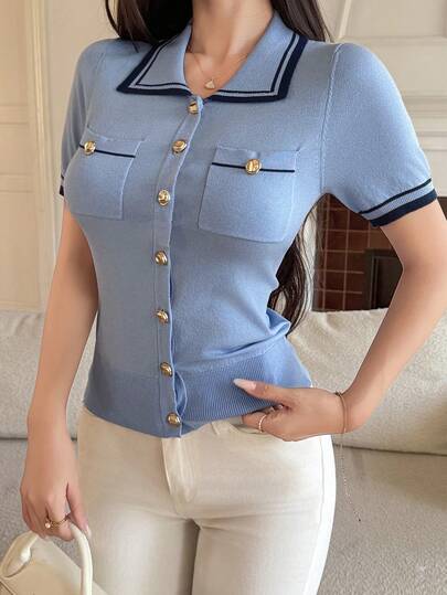 DAZY Elegant tunn kofta med kontrastfärg och krage och fickor för kvinnor, sommar