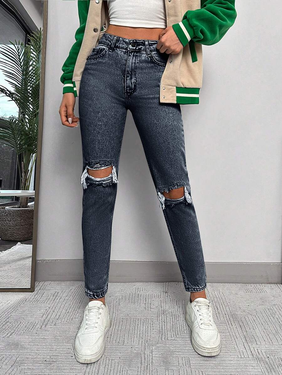 EURMUSE 100%Cotton High Waisted Ripped Jeans - Dusty Blue - View 1