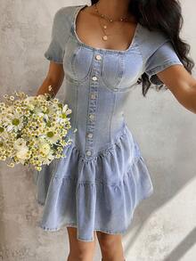 Sunnyshic 女士牛仔超长高开衩连衣裙 - 藍色 - 查看 5