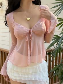 DAZY Spring/Summer Pink Blouse, Casual Vacation Beach Chiffon Crop Top With Front Tie, Fitted Waist, Flare Sleeves, Ruffle Hem, Sheer Lightweight Shirt For Women - Pink - View 5