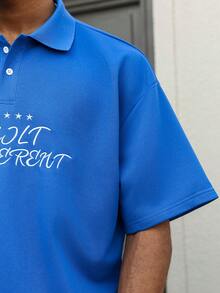 Aesthetic Post 男士字母五角星刺绣休闲百搭通勤短袖Polo衫 - 藍色 - 查看 5