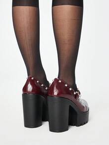 ROMWE Women's High Heels And Shoes Red High Heels, Dark Rock Punk Gothic Shoes, Closed Toe T-Shaped With Rivets, Y2K Dress Shoes, Mary Jane Leather Shoes, Japanese JK Uniform Shoes Valentine's Day - Red rivet - View 5