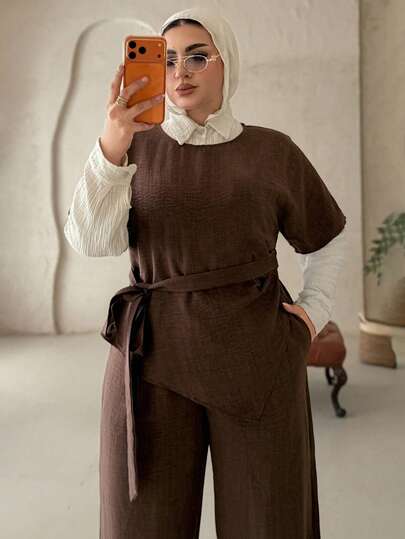 Dazy Plus 2pcs/Set Solid Color Casual Shirt Set, Tie-Up Short Sleeve Top And Loose Long Pants, Plus Size Women, Spring/Summer