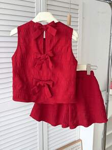 2pcs Tween Girls' Casual Vacation Round Neck Textured Red Butterfly Back Bow Cami Top And Shorts Set - Red - View 6