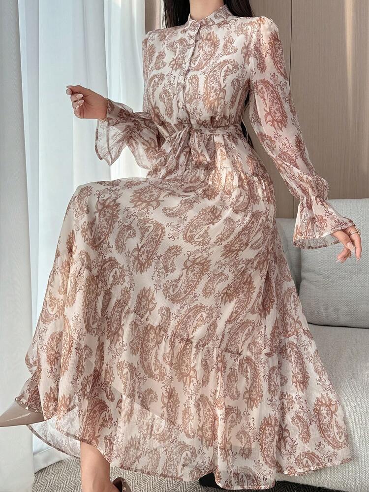 Women's Waist Cinched All-Over Print Shirt Collar Dress Maxi Dress Sundress