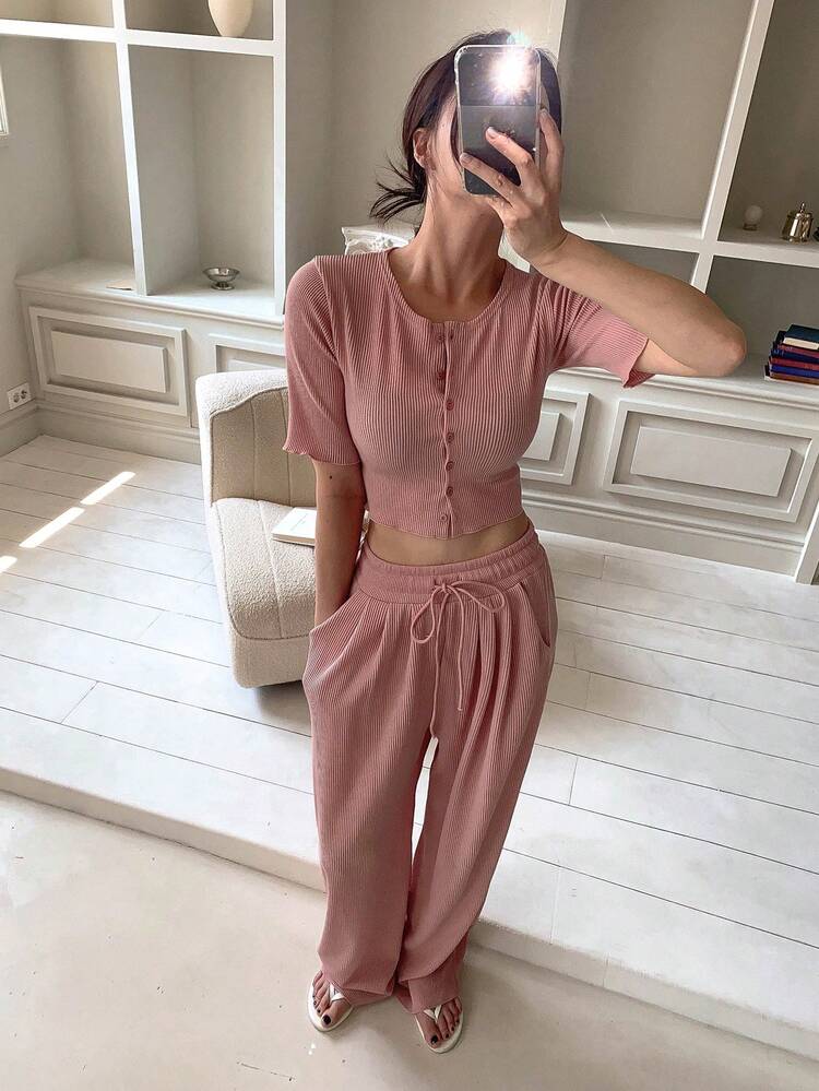 2pcs Women Soft Dusty Pink Jacket And Pants Comfy Casual Loungewear Set Summer