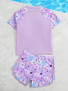 SHEIN 少女比基尼套装，紫色短袖上衣和短裤两件式泳装，时尚休闲优雅，适合少女游泳、夏季度假、海滩和泳池穿着。 - 紫色 - 查看 2