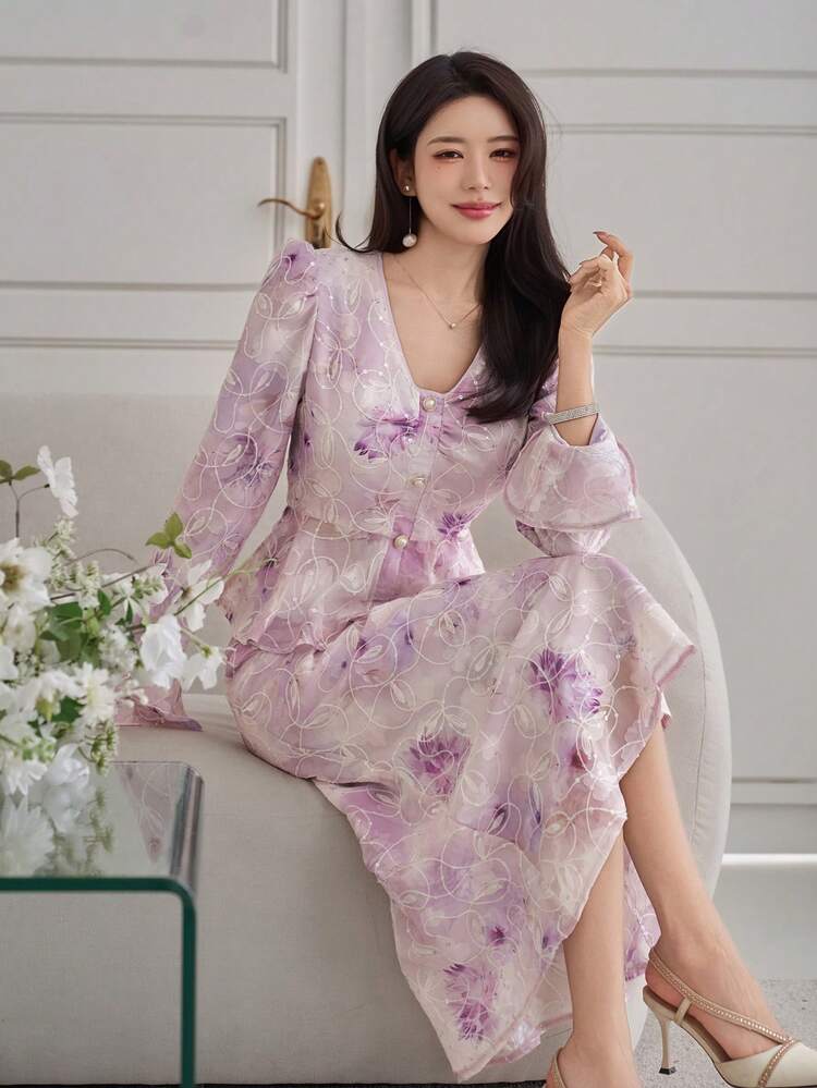 Women's Elegant Floral V-Neck Puff Sleeve Blouse And Fish Tail Hem Skirt 2-Piece Set, Spring/Summer,Wedding Guest Dress Women