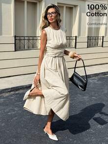 Siren Gaze 女士休闲通勤扭腰无袖中长连衣裙，夏季 - 杏色 - 查看 4