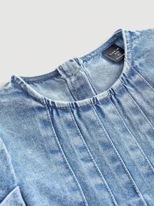 SHEIN LMoss Kids 女童蓝色牛仔荷叶边宽松连衣裙 - 淺色水洗藍 - 查看 3