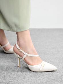 CUCCOO BIZCHIC Tacones altos de moda con diseño de hebilla y punta afilada para uso diario - Beis - Ver 6