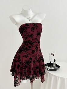 Elamini Casual Flocked Asymmetrical Hem Burgundy Dress For Women, Spring/Summer - Burgundy - View 3