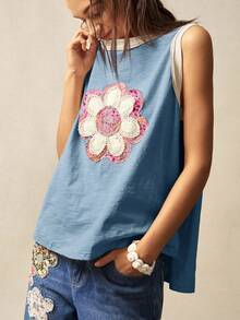 Bohemela Solid Color Knitted Sleeveless Loose Fit Tank Top For Women Flower Tank Top Boho Tank Top Women Cotton Tops Women Summer - Multicolor - View 3