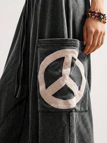 Bohemela Pantalones holgados de punto con cordón, unicolor, con bordado de signo de paz, estilo bohemio casual de vacaciones para mujeres - Negro - Ver 4
