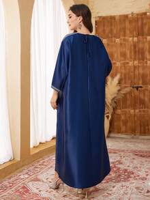 Al Najma Plus Size Lace-Up Hollow Out Shiny Graphic Print Dress Kaftan Jalabiya Dress - Blue - View 3