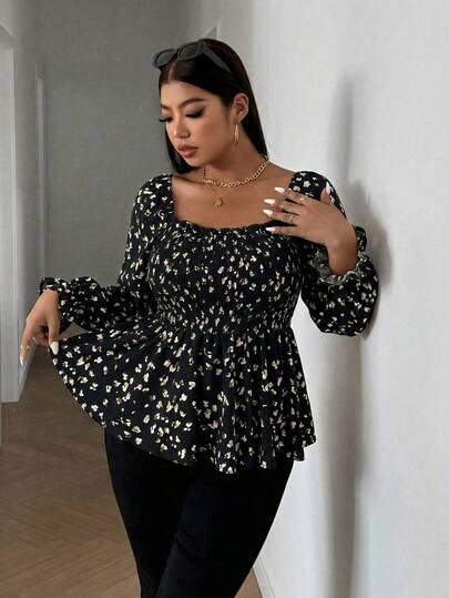 Vionelle Plus Size All-Over Print Square Collar Casual Long Sleeve Shirt Black And Gold Top Plus Size Long Sleeve Top Plus Size Blouses Tops For Women Plus Plus Size Women Clothes Blouse