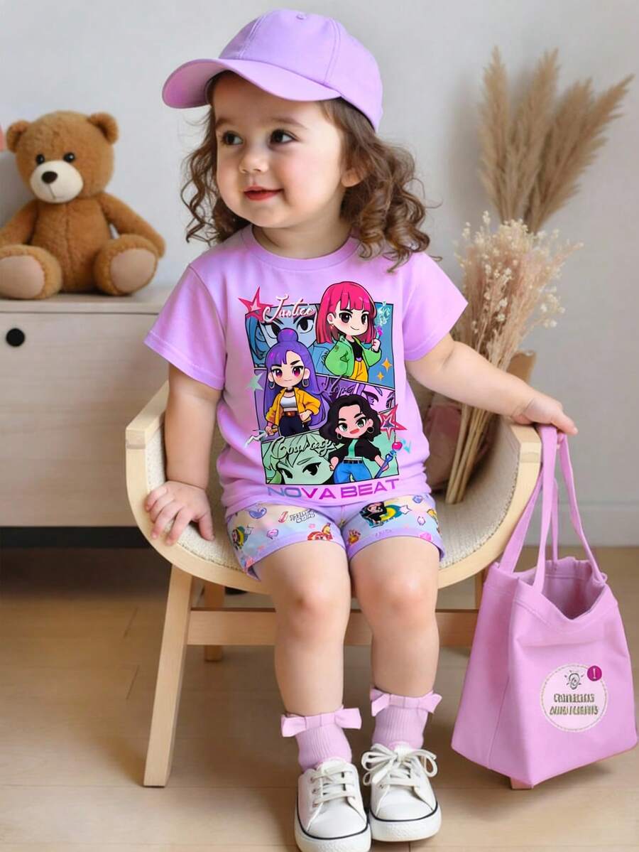 SHEIN Baby Girl Cartoon Character Print Round Neck Short Sleeve T-Shirt And Shorts Casual Outfit - Purple - View 1