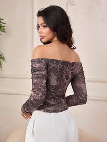 Modelyn Women's Elegant Mesh Print Off Shoulder Neck T-Shirt, Suitable For Outings And Dates, Autumn/Winter - Multicolor - View 3