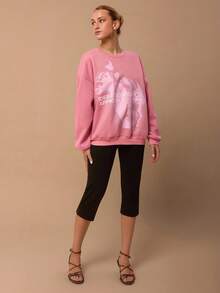 SURIMA 休闲简约印花圆领长袖加厚宽松女式卫衣 - 粉色 - 查看 2
