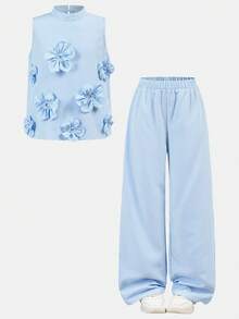 Tween Girls Blue & White Striped Camisole Top And Pants Set - Blue and White - View 7