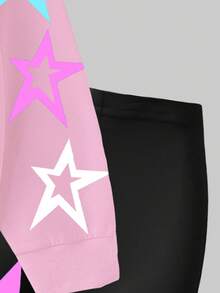 2 pezzi/set Felpa girocollo a maniche lunghe con stampa di lettere e stelle del gruppo K-POP femminile colorata e leggings con stampa di stelle, adatti per uscite in autunno/inverno - Multicolore - Visualizzare 4