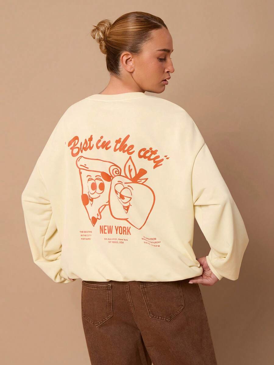 SURIMA 休闲简约印花图案连帽长袖宽松女式卫衣 - 米色 - 查看 1