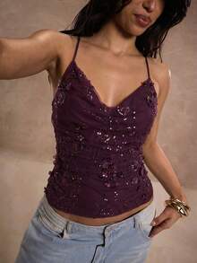 SHEIN BAE 女士纯色吊带修身亮面夏季背心 - 中紫紅色 - 查看 4